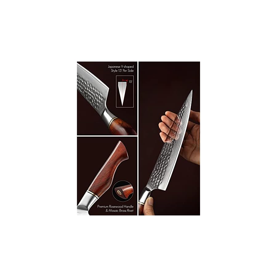 HEZHEN Damascus Knife Set 5PCS,Premium Powder Steel Forged Hammered Pattern, Rosewood Handle, Home Cooking Kitchen Knives