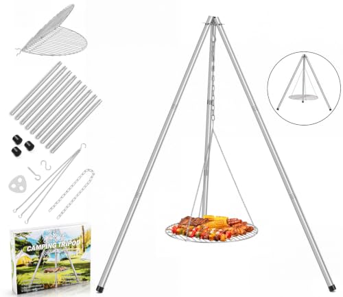 Leonyo Stainless Steel Campfire Tripod with Grate For Camp Cooking