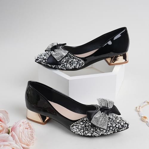 Image of Women's Pumps, Closed Toe Chunky Heels for Women Pointed Toe Rhinestones Bridal Party Dressy Shoes Comfortable Work Pumps Shoes for Office