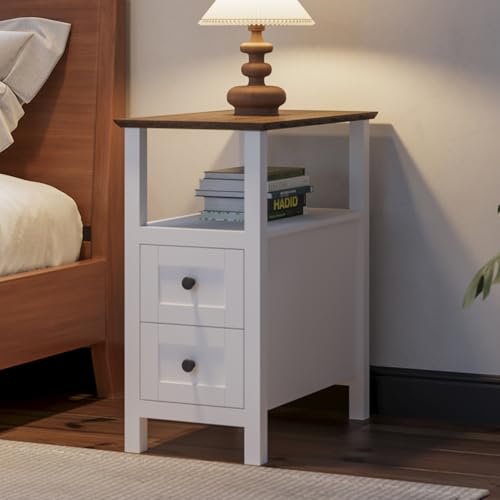 ChooChoo Farmhouse End Tables Set of 2, 3-Tier Narrow Nightstand with 2 Drawers, Slim Bedside Tables with Open Shelf for Small Space Living Room,White by ChooChoo - Image 7