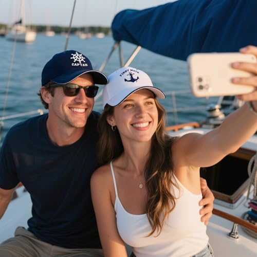 Image of Captain and First Mate Hat Set, Adjustable Matching Cotton Nautical Marine Sailor Baseball Caps, Boat Owner Gift