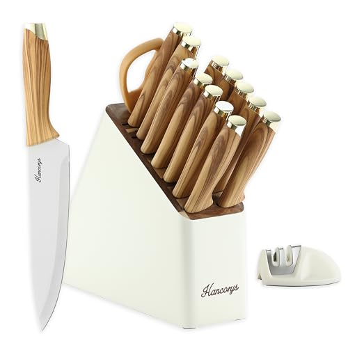Hancorys Knife Set, 14 Pieces Kitchen Knives Set with Block and Gift Sharpener, High Carbon Stainless Steel and Ergonomic Handle Knife Block Set