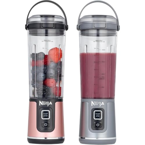 Ninja Blast Pack de 2 blenders portables de 530 ml, couvercle anti-fuite et bec verseur, sans fil, rechargeable, smoothies, shakes protéinés, granités, or rose et argent métallisé, BC151UKEUGV