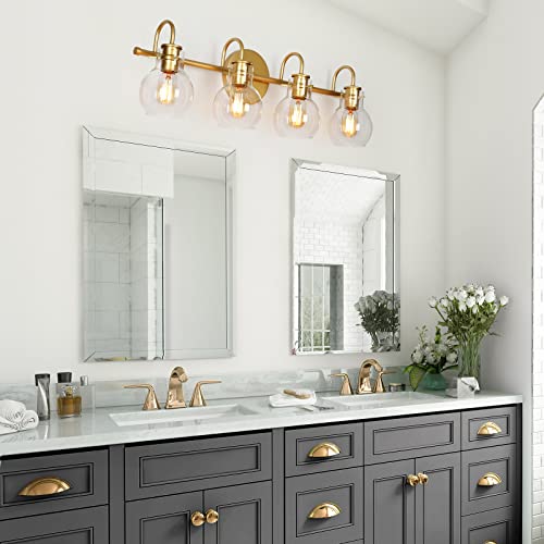 Image of KSANA Bathroom Vanity Light, 4-Light 28.5 inch Large Gold Bathroom Light Fixtures, Modern Vanity Lights for Bathroom with Globe Clear Glass Shades