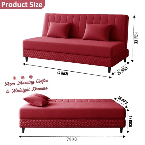 Image of Rosebell Modern 3 Seater Velvet Sofa Cum Bed with Cushion | Premium Upholstered Fabric | Tufted Backrest | Wooden Legs | Living Room Furniture | Red