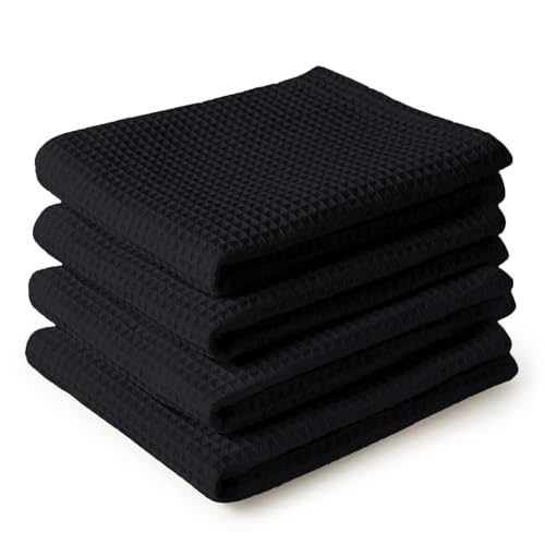 Encasa XO Kitchen Dish Towels Set | Black | Waffle Weave and Flat Hand Tea Towel | 70x45 cm | Quick Drying Reusable Cotton Washcloths | Multipurpose Lightweight Dishcloths Set of 4