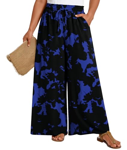 LONGYUAN Womens Plus-Size Palazzo Pants with Drawstring (Blue Floral)