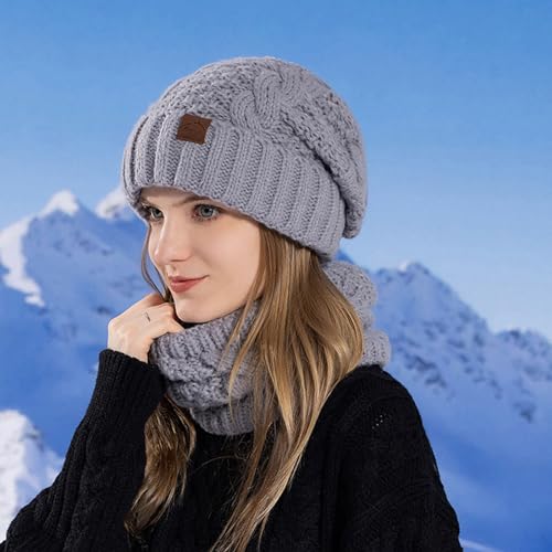 Womens Slouchy Beanie Hat Warm Scarf Winter 2 Piece Sets Thicken Chunky Knitted Soft Ear Protection Outdoor Skull Cap2