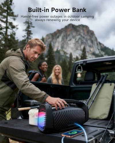 RWN Outdoor Bluetooth Speaker: 160W Loud Sound, IP67 Waterproof with 24H Playtime, Fast Charge, Bass, TWS, Portable Wireless Speakers with Light Show for House, Party, Projector, Beach (Black) — view 7