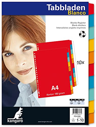 Kangaro Karton-Register DIN A4 blanko beschreibbar. 180 g/m² Manilla recycelter Karton. 10 teilig