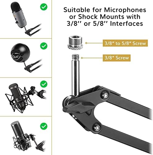 Stojak na mikrofon z ramieniem, Tonor regulowany, wysięgnik nożycowy, stojak z filtrem pop, adapter 3/8 do 5/8, klips mikrofonowy, ulepszony zacisk o dużej wytrzymałości, do Blue Yeti Nano Snowball iCE i innych mikrofonów
