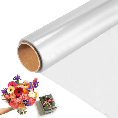 Cellophane Wrap - 15.7inch x 49.2ft Cellophane Roll, 2.3 Mil Thick Clear Wrapping Paper Roll, Packing Wrap for Christmas Birthday Gifts Hamper Basket Flower Craft