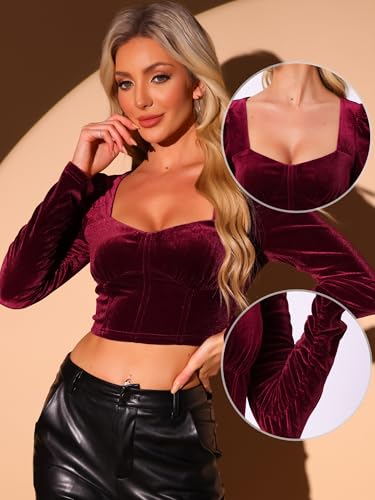 Allegra K Ruched Sleeve for Women's Sweetheart Neck Party Velvet Crop Tops2