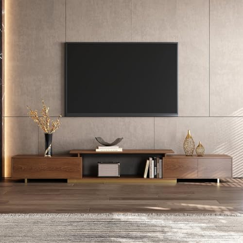 Homary Meuble TV Bois Extensible en Blanc Table TV Moderne pour Salon avec Base Dorée et Rangement 160 cm - 240 cm (Noyer)