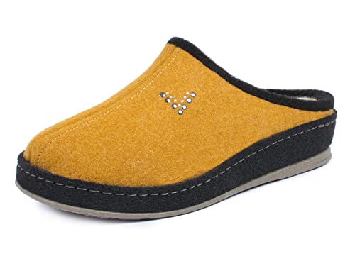 Schawos Pantuflas de fieltro para mujer, con forro cálido, plantilla anatómica, amortiguación activa del talón, modelo Lisa, ocre 11v, 40 EU Cover