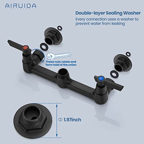 Airuida Wall Mount Kitchen Sink Faucet, Wall Mounted Faucet 8 Inches Center, Commercial Kink Faucet, 2 Handle Restaurant Mixer Utility Tap Swivel Spout without Sink Mount Adapters Matte Black - Thumbnail 4