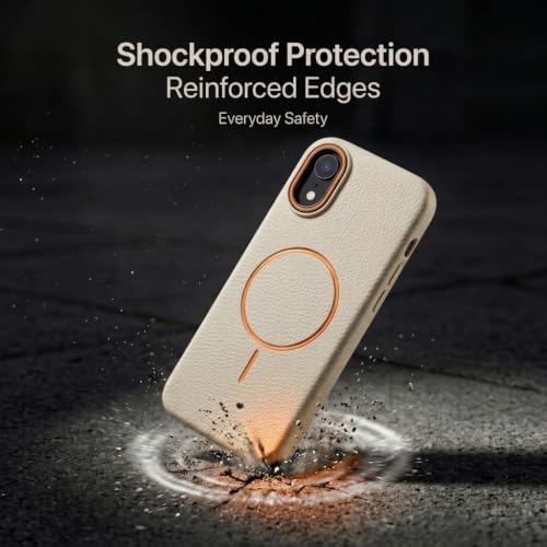Image of amazon basics Luxury MagSafe Compatible Leather Texture Back Cover for iPhone XR | Raised Camera Protection | Slim Fit Shockproof Case with Metallic Accents (White)