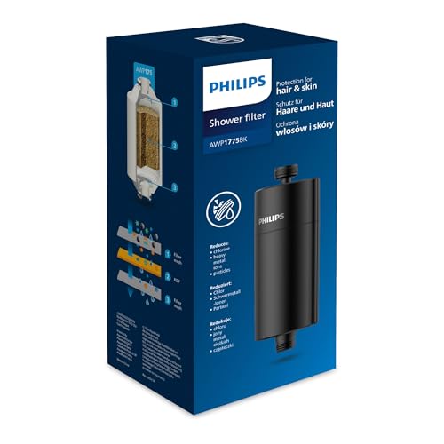 Philips Water in-Line Shower Filter, 50 000 L Filtration Capacity, Black, Reduces Chlorine by up to 99%, Easy to Install, fits All Standard Hoses and taps