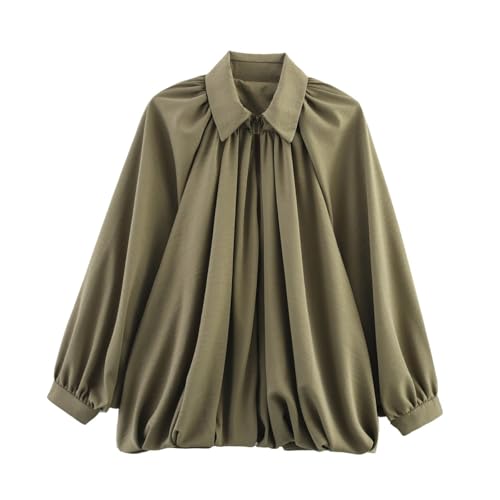 Womens Puffed Bomber Oversized Jacket Batwing Sleeve Streetwear Lapel Collar Zip Front Pleated Blouse Shirts