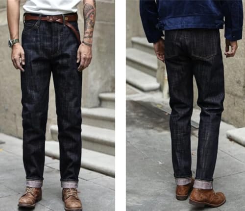 Men’S Vintage Taper Fit Selvedge Raw Denim Full Length Jeans Button Fly High Waist Daily Wear Silver-Plated Buttons4