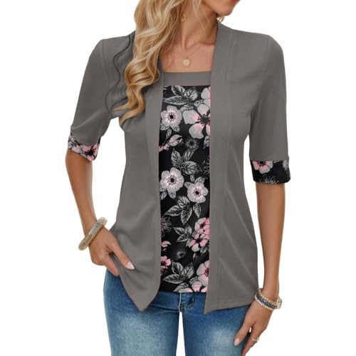 Women's Casual Floral Print Patchwork Square Collar Fake Two Piece T Shirt Summer Loose Half Sleeve Tunic Blouses Tops