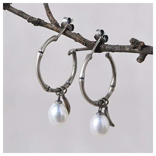 Silver ringörhängen, vintage silver kreativa bambufogar imitation pärlblad berlock allergivänliga gångjärn örhängen fin cirkel ändlösa slinga smycken för dam män flickor gifta sig mors dag alla hjärtans dag