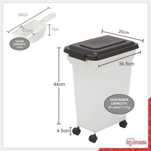 Iris Ohyama Hundefutter Aufbewahrung mit Rollen, 20L/7.5kg, Schwarz, Luftdichte Futterbox, Trockenfutter, Futterbehälter, Für Hunde, Katzen, Tierfutterbehälter, Schaufel, BPA-frei, Futtertonne, ATS-M