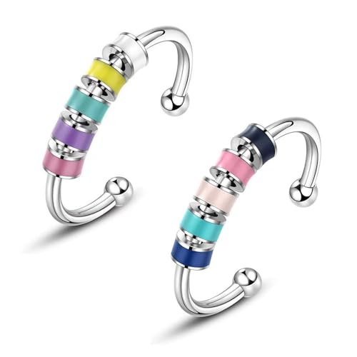 2 Pcs Stainless Steel Enamel Fidget Rings, Adjustable Rotating Bead Ring Multicolor Stress Relief Spinner Rings (Blue+White)