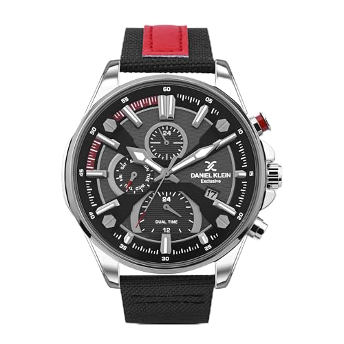 Daniel Klein Multifunction Analog Black Round Dial Silver Case Black Fabric Strap Chronograph Water-Resistant Wrist Watch for Men Boys DK.1.13386-1
