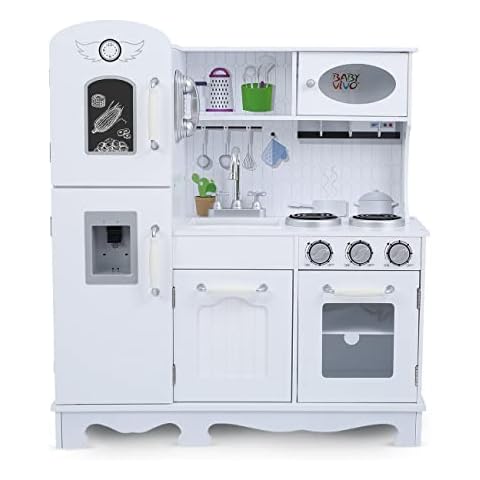 Baby Vivo Kids Wooden Play Kitchen Children Cooking Light and Sound Features Pretend Role Play Child Toy Culinary with LED Water Dispenser - Luca in White Cover