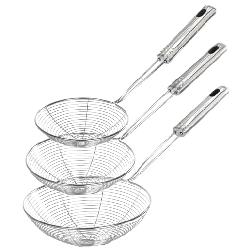 Stainless Steel Spider Strainer Skimmer Ladle, Set of 3 Sizes Kitchen Strainer Spoon for Cooking and Frying, Pasta Strainer, Food Preparation, Pasta Strainer