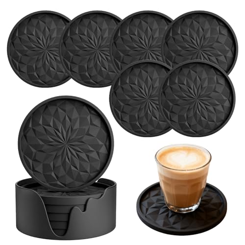 6 Pièces Dessous de Verre Silicone Dessous de Verress Silicones Rond + 1 Base Noir pour Verres Tasses Boissons