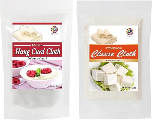 Image of Cotton Hung Curd Cloth Bleached and Cheese Cloth Unbleached Muslin Cloth for Straining Curd, Cheese, Yogurt, Shrikhand, Rice, Mousse. Ideal for Home Use. Set of 2