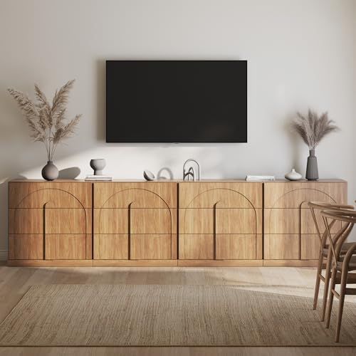 Image of BELLEZE Sideboard Cabinet with 3 Drawers, Set of 4 Modern Wood Buffet Cabinet with Arc Design, Large Fluted Sideboard with Storage for Kitchen Living Room Entryway, Camel