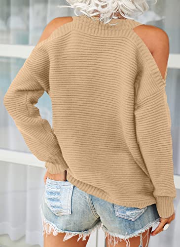 Womens Cold Shoulder Choker Long Sleeve Sweater Solid Casual Knitted Pullover Jumper Tops2