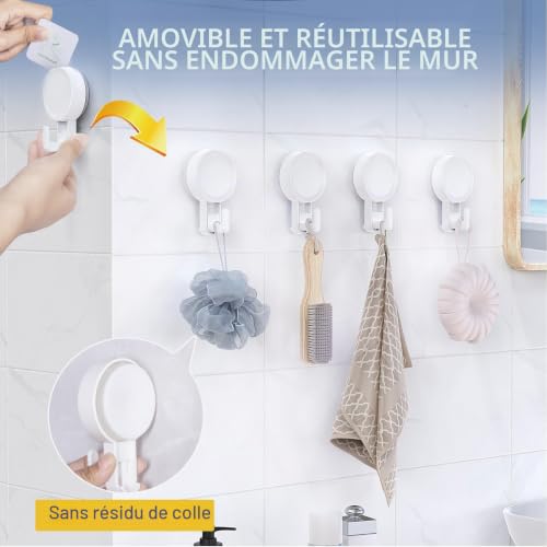 Teletrogy 4 Pièces Ventouse Puissante Charge de 5KG, Sous Vide Crochet Mural Plastique Douche Sans Percage Réutilisable Porte Serviette Salle de Bain pour Cuisine Fenêtre Blanc – vue 6