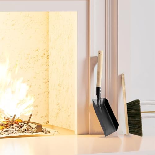 HomeVortex Raschietto per cenere e spazzola per camino con pala in ferro, paletta per carbone e cenere, kit di pulizia in metallo resistente per stufe e uso in giardino