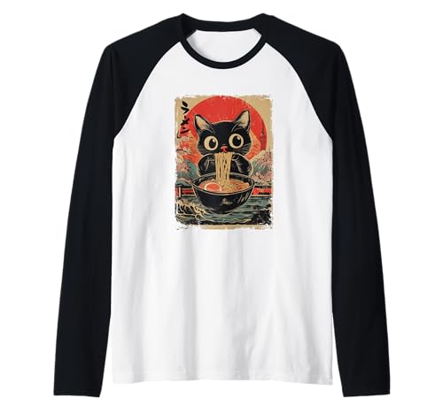 Kawaii Gatto Mangiare Ramen Giapponese Divertente Vintage Anime Grafica Maglia con Maniche Raglan