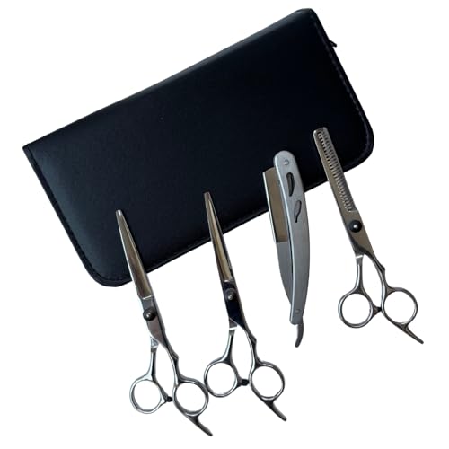 Kit Barbeiro Profissional com Tesoura Fio Laser Navalha Tesoura Desfiadeira Navalhete Estojo Cabeleireiro Corte Masculino Aço Inox Corte Preciso Tesouras para Cabelo e Barba