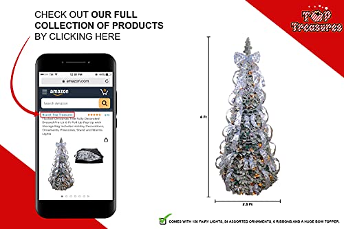Flocked Christmas Tree - Fully Decorated Dressed - Pre-Lit 6 Ft Pull Up Pop Up With Storage Bag - Includes Holiday Decorations, Ornaments, Pinecones, Stand And Warms Lights #TOP4