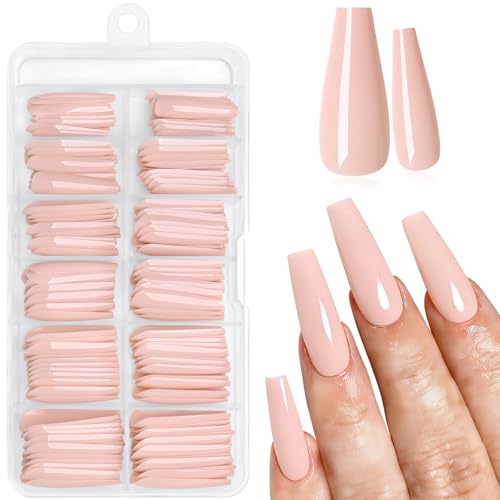144pc Nude Press on Nails Long Fake Nail Coffin Glue on Nails, Medium Ballerina Coffin Nails Press ons Nails Nude Acrylic Nail Long False Nail Gel Glossy Artficial Fingernail with Glue & Tabs