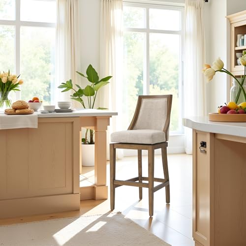 Image of Ellie Bar Height Swivel Stool with Back - 46 inch Tall Barstool with Upholstered Seat, Solid Rubberwood Frame, Steel Memory Return, Metal Kick Plate and Footrest - for Kitchen Island or Home Bar (Brown)