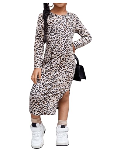 Floerns Toddler Girl's Leopard Print Long Sleeve Cheetah Midi Dress Y2k Split Side Bodycon Dresses