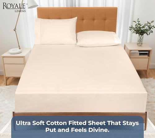 Image of Royale Linens 100% Organic Cotton Fitted Sheet - Percale Weave - Super Soft Deep Pocket Bottom Sheets - Cream Elastic Sheet King Size - King Fitted Sheets Only - (78 inchx80 inch+15 inch, Cream)
