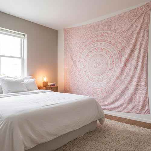 Craft Trade Indian Cotton Mandala Wall Hanging Tapestry for Aesthetic Boho Hippie Living Room, Meditation & Bedroom Décor - Pink, 90x108 Inches