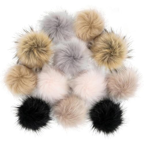 Pom Poms for Hats Faux Fur 12 Pack - 3 Inch Faux Fur Pom Poms for Hats with Elastic Loop Hat Balls for Beanie Crochet Hats DIY Crafts Keychain Charms Shoes Decorations Classic Neutral Colors