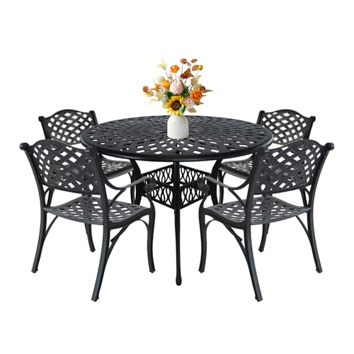 5-Piece Cast Aluminum Outdoor Patio Dining Set, Metal Bistro Table and Chairs,Wrought Iron Patio Bistro Set with 1.7