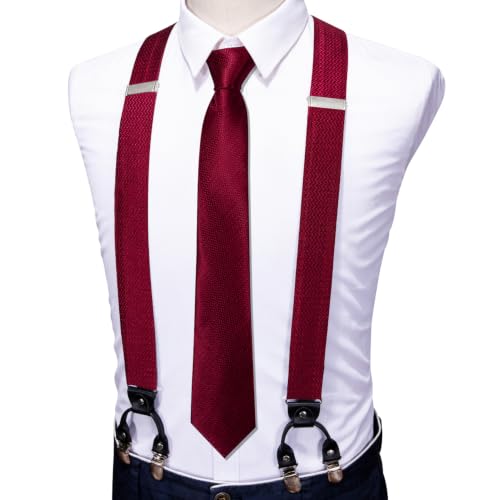 Image of Barry.Wang Men Suspender Set with Necktie Elastic Y Type Heavy Duty 6 Clips Braces Tie Handkerchief Cufflink Pin 6PCS