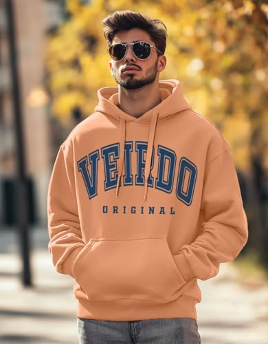 Image of Veirdo Fleece Oversized Baggy Fit Hooded Sweatshirt Drop Shoulder Typographic Logo Printed Full Sleeve Hoodie for Men (Avaiable in Colors: Copper Tan, Rust & Red)