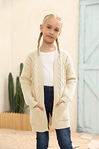 Image of Ermonn Girls Kids Open Front Cardigans Sweaters Long Sleeve Knit Cute Sweater Outwears with Pockets for 5-14 Years White